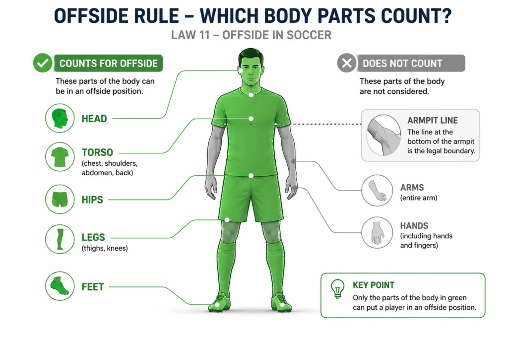 Diagram showing which body parts count for offside in soccer, head, torso, and feet, excluding arms