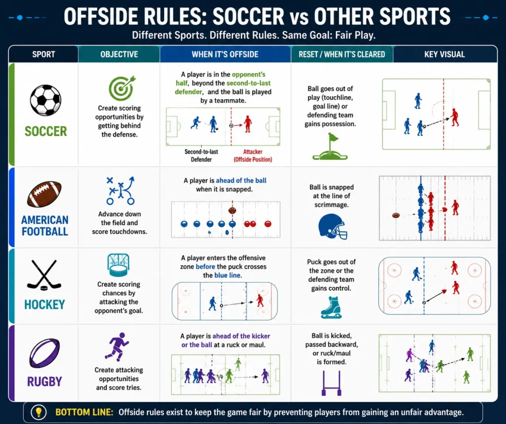 Comparison of offside rules in soccer, American football, hockey, and rugby