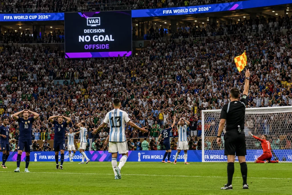 Soccer fans reacting to a disallowed goal for offside during the 2026 World Cup