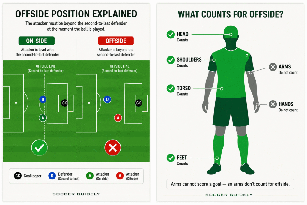 Diagram showing offside position in soccer attacker beyond the second-to-last defender