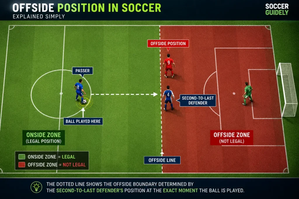 Soccer field diagram showing offside position with second-to-last defender line explained