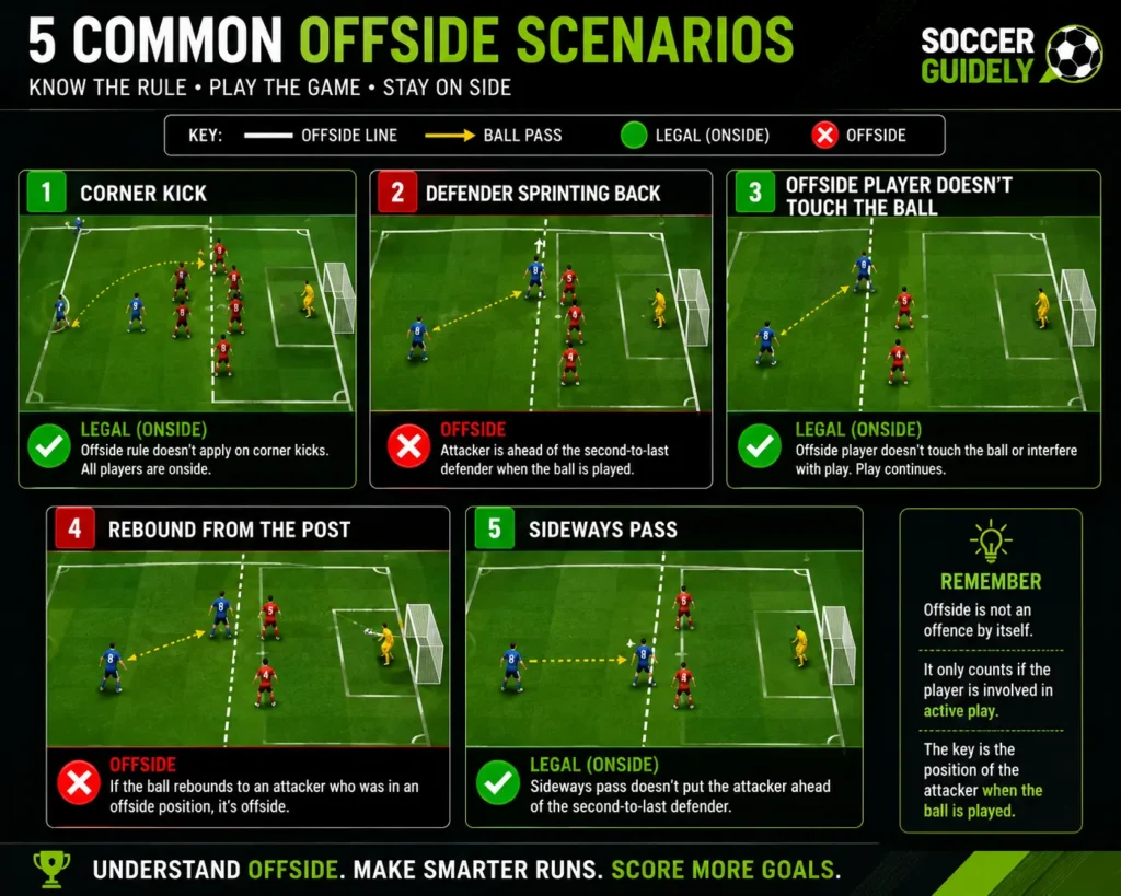 Soccer field diagram showing five offside position scenarios with onside and offside outcomes marked