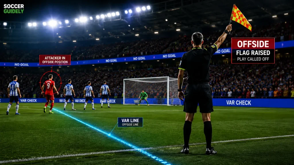 Assistant referee raises offside flag during soccer match with VAR line visible on pitch