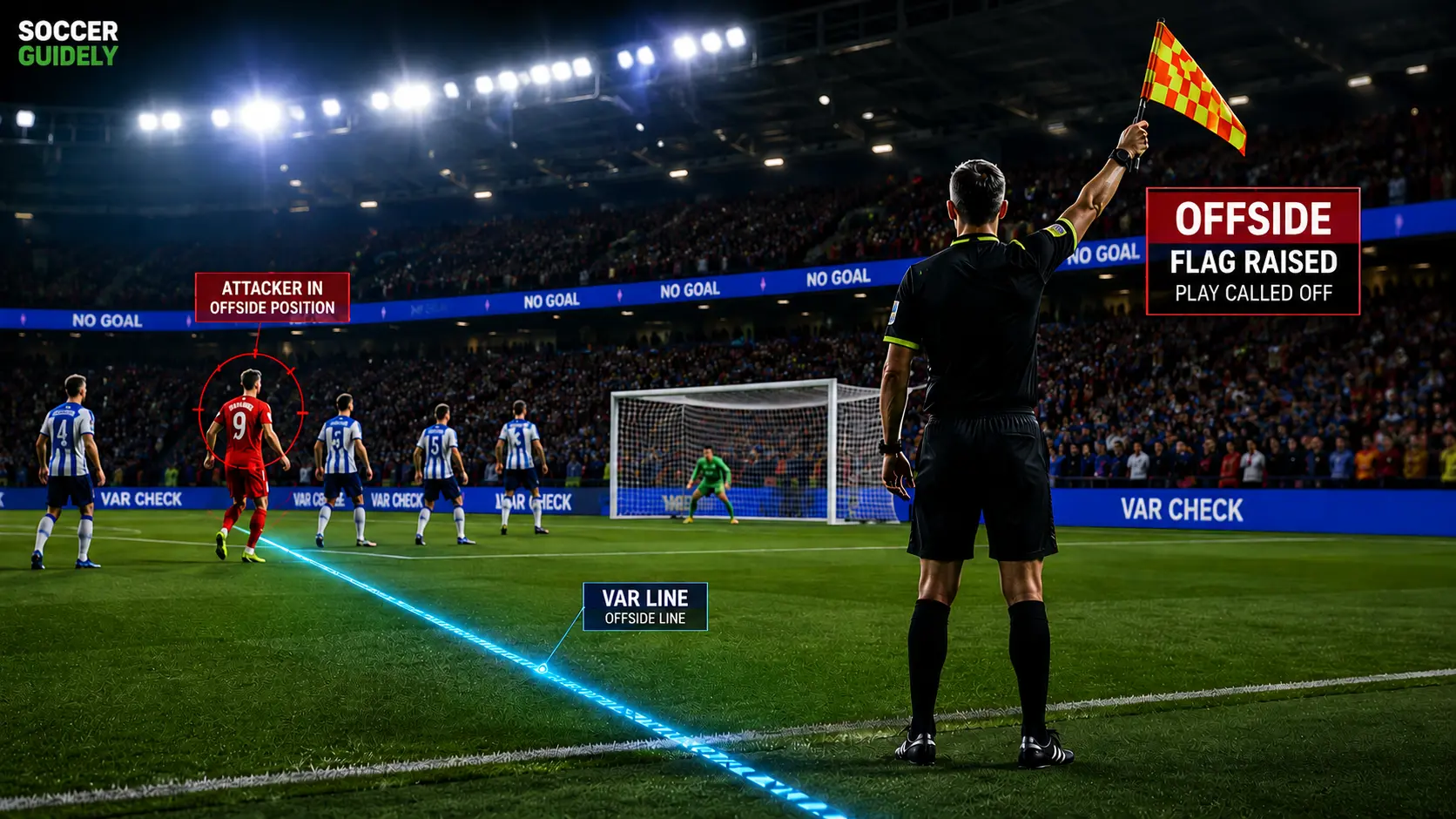 Assistant referee raises offside flag during soccer match with VAR line visible on pitch