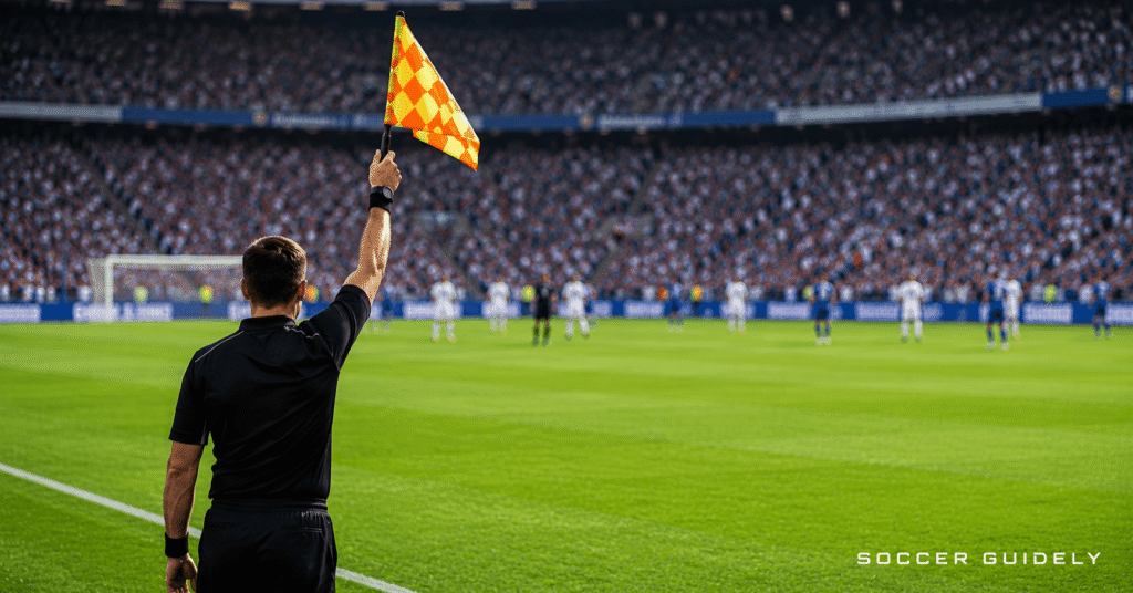 Assistant referee raising offside flag during a soccer match