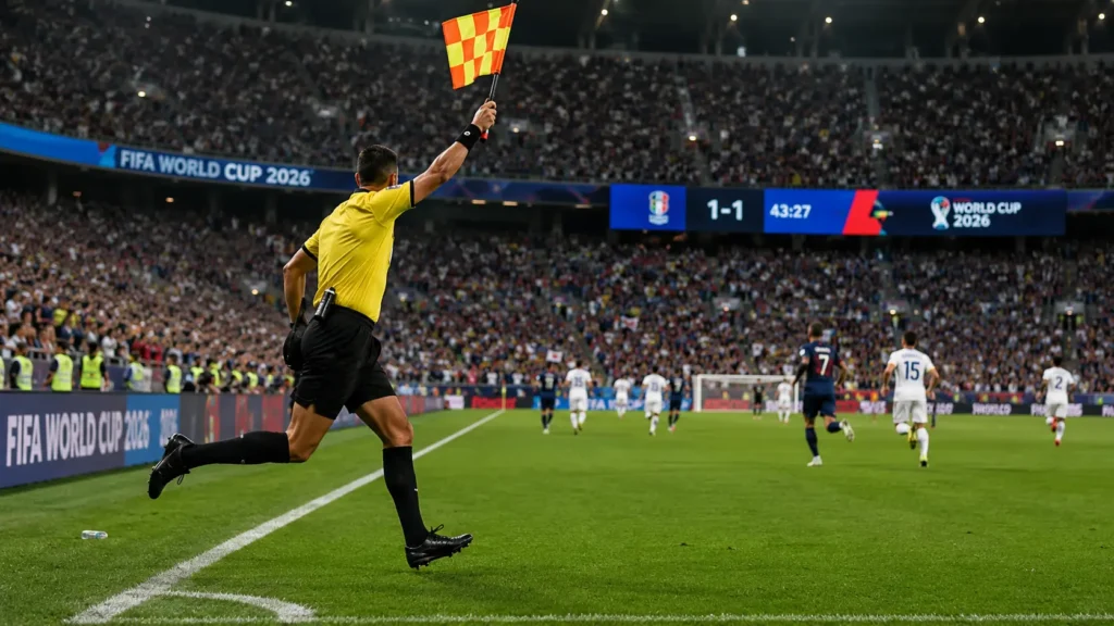 Assistant referee raising the flag during a soccer match