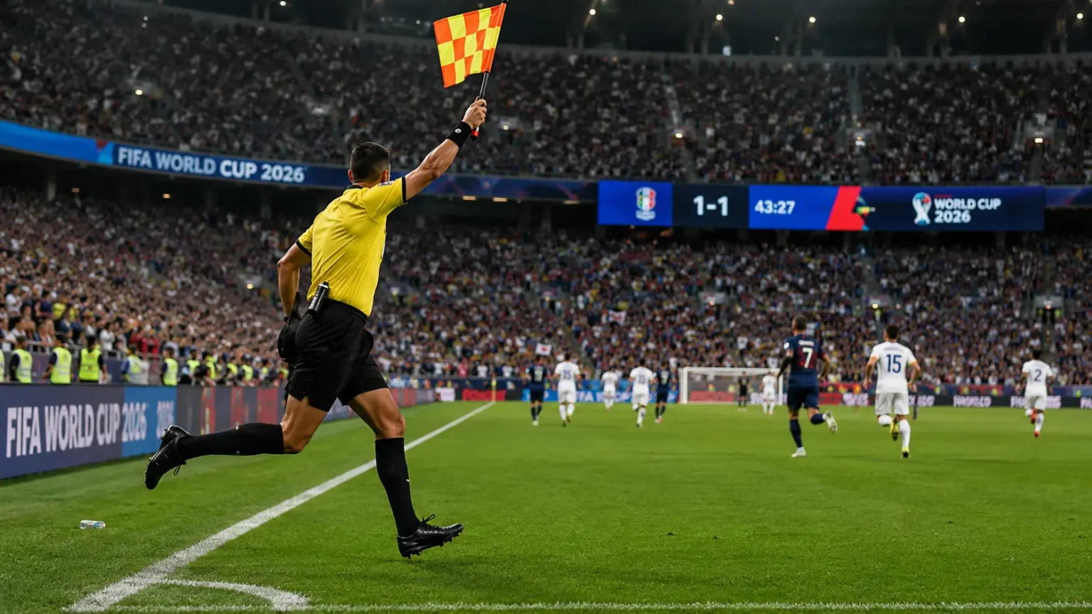 Soccer referee and players during an offside decision
