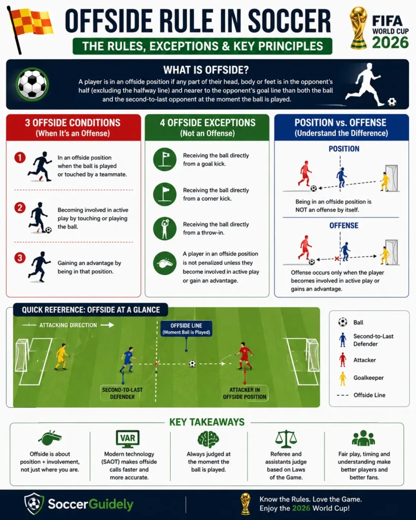 Infographic summarizing the offside rule in soccer, key conditions and exceptions
