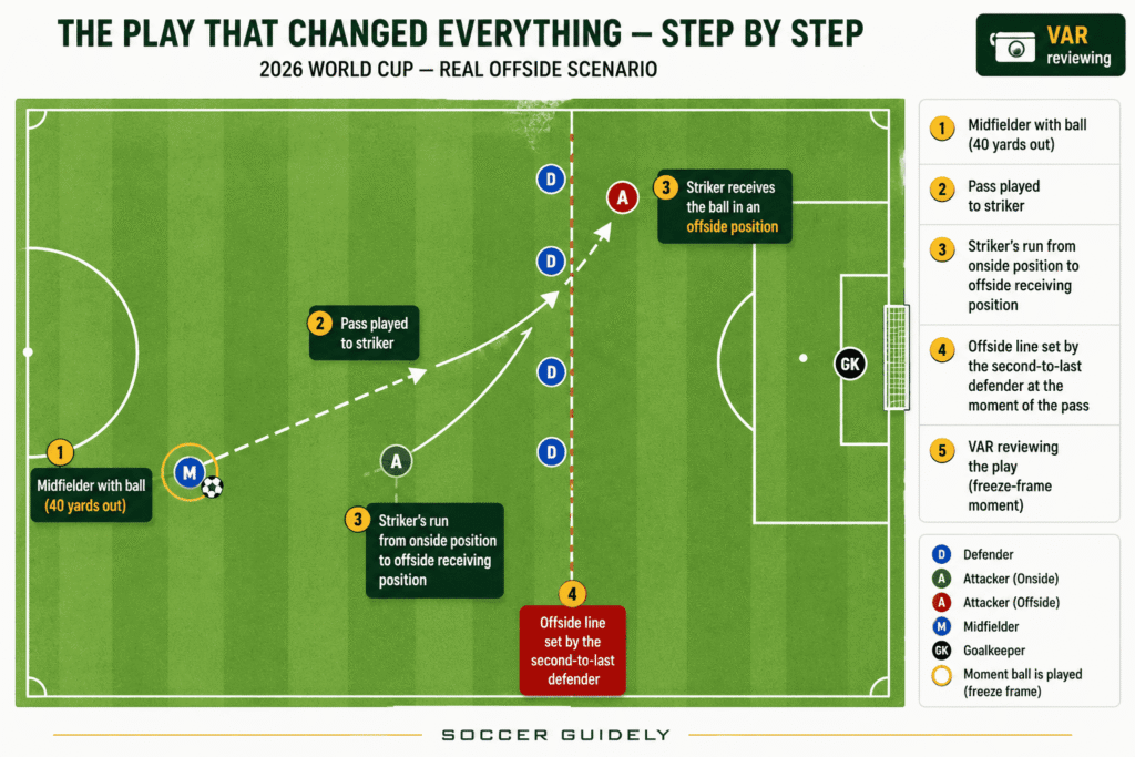 Soccer field diagram showing a real offside scenario step by step pass run and VAR review at the 2026 World Cup