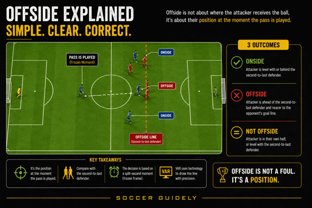 Tactical diagram showing how the
offside trap works in soccer defensive line stepping up to
catch attacker offside