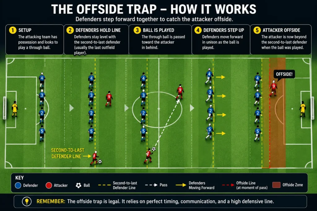 Tactical diagram showing how the offside trap works in soccer