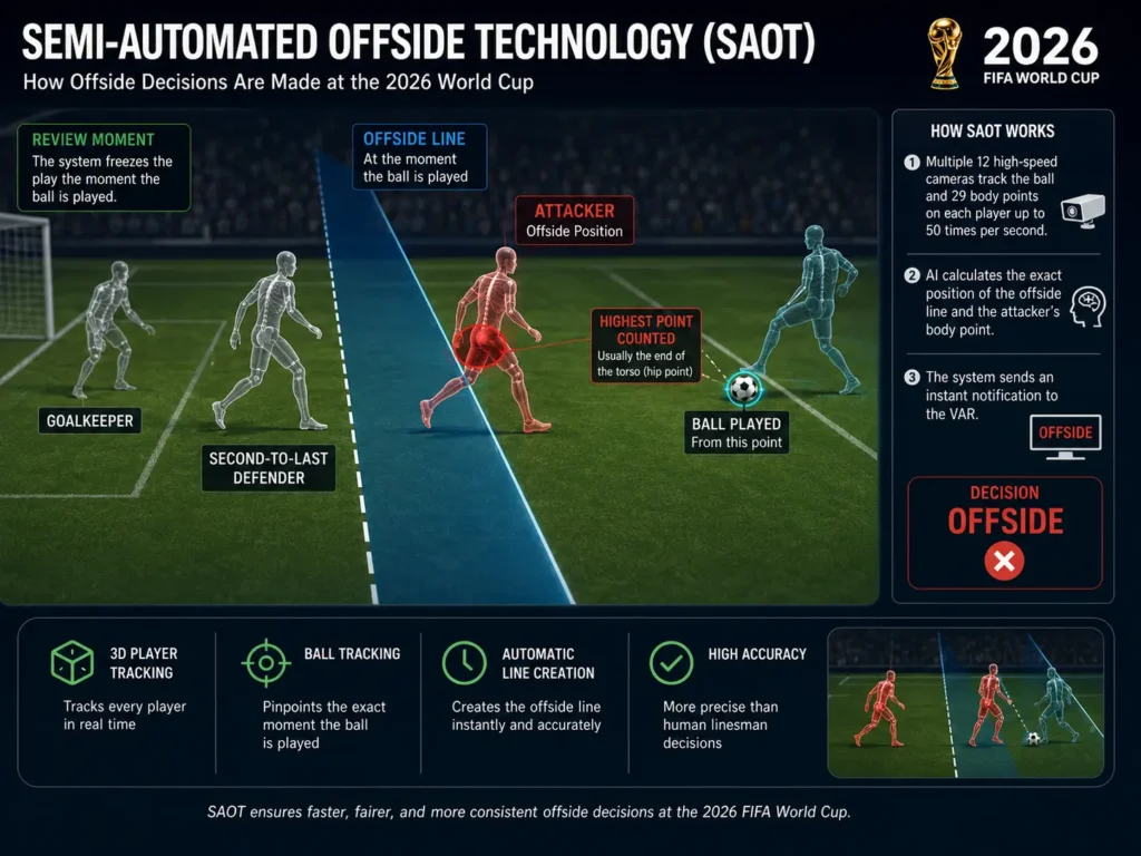 Semi-automated offside technology 3D graphic showing player position at the 2026 World Cup