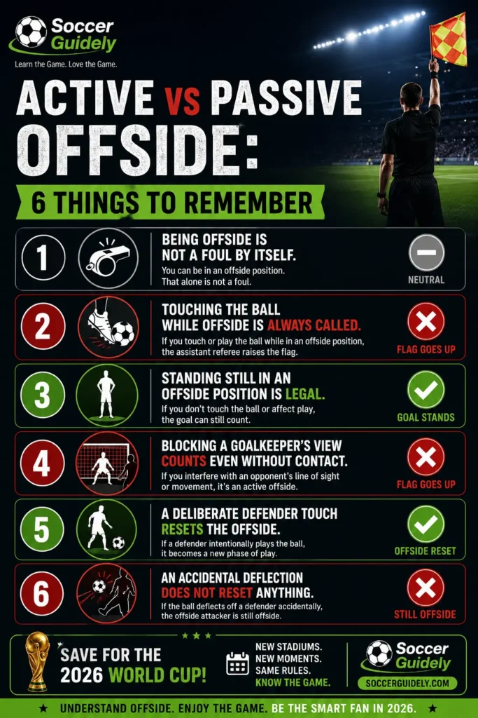 Infographic summarizing six key rules about active and passive offside in soccer for American fans before 2026 World Cup