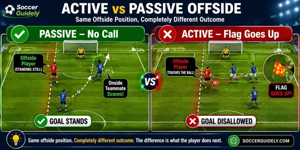Comparison diagram showing active versus passive offside in soccer with one player standing still and one touching the ball