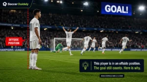 Player standing still in offside position while teammates celebrate a goal showing passive offside in soccer