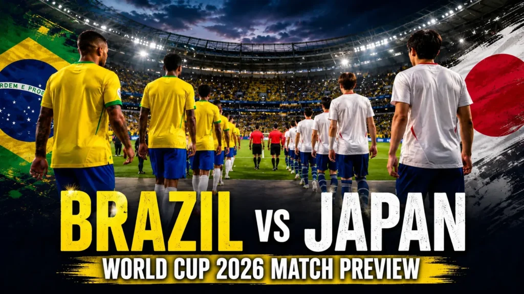 Brazil and Japan teams walking onto pitch before World Cup 2026 knockout match in Houston stadium atmosphere