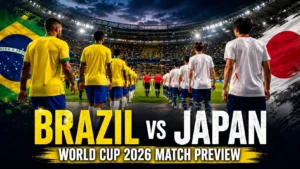 Brazil and Japan teams walking onto pitch before World Cup 2026 knockout match in Houston stadium atmosphere