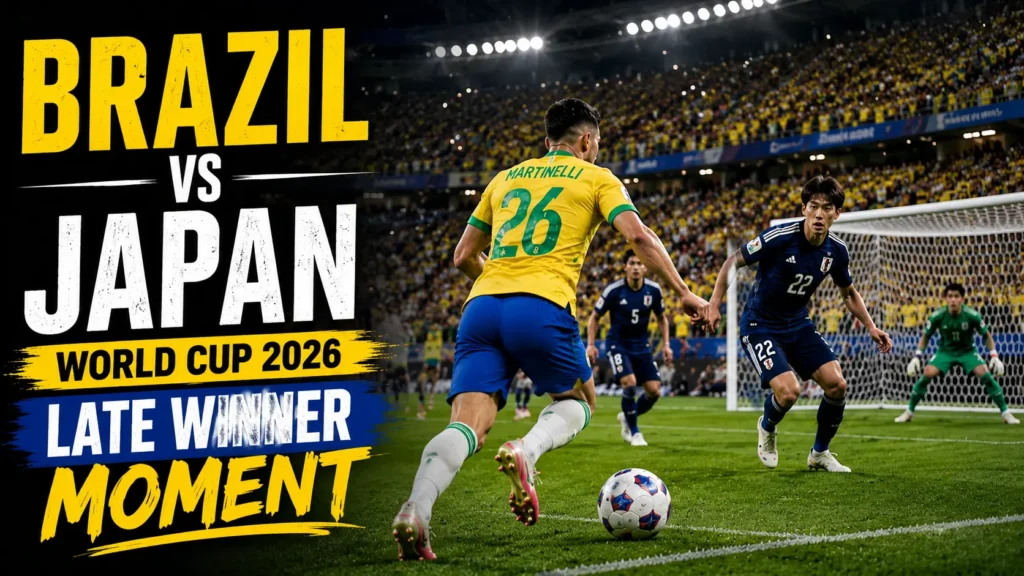 Brazil attack Japan in stoppage time before Gabriel Martinelli scores the winning goal in a 2-1 World Cup 2026 Round of 32 match.