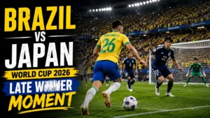 Brazil attack Japan in stoppage time before Gabriel Martinelli scores the winning goal in a 2-1 World Cup 2026 Round of 32 match.
