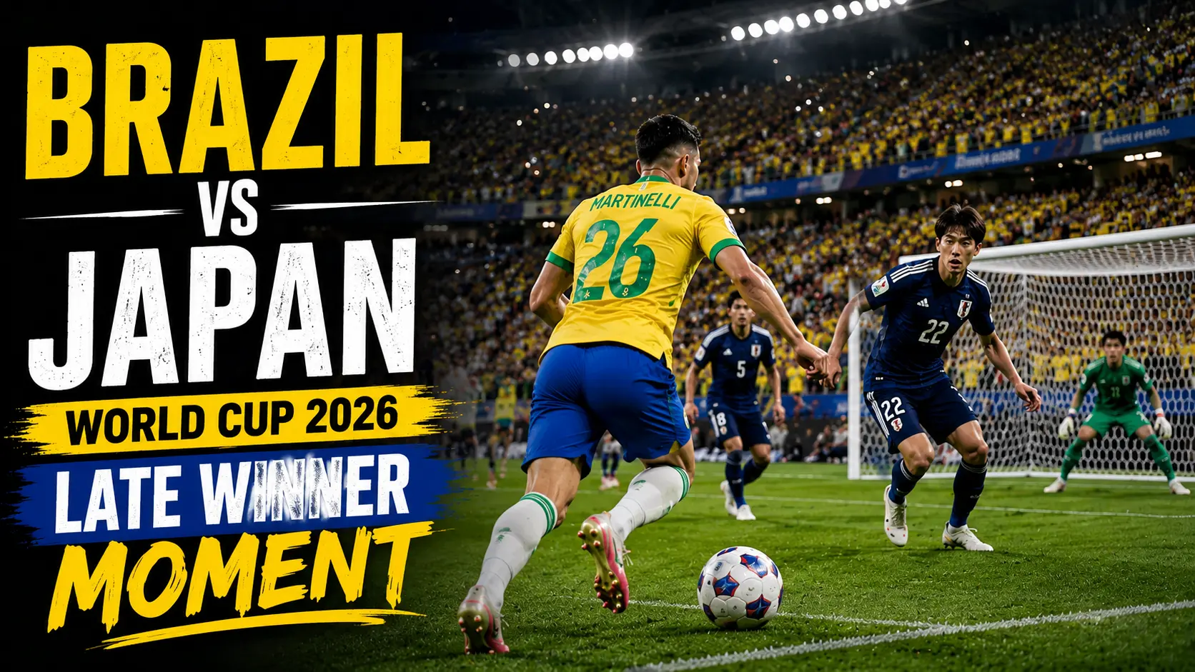 Brazil attack Japan in stoppage time before Gabriel Martinelli scores the winning goal in a 2-1 World Cup 2026 Round of 32 match.