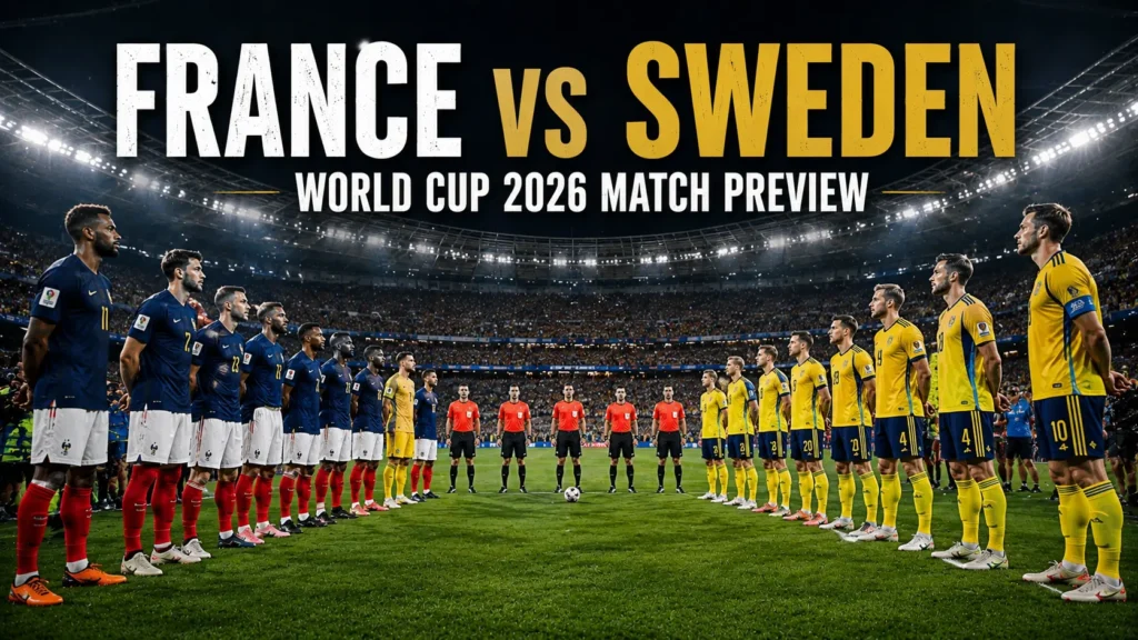France and Sweden players preparing for FIFA World Cup 2026 knockout match in East Rutherford stadium atmosphere