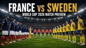 France and Sweden players preparing for FIFA World Cup 2026 knockout match in East Rutherford stadium atmosphere