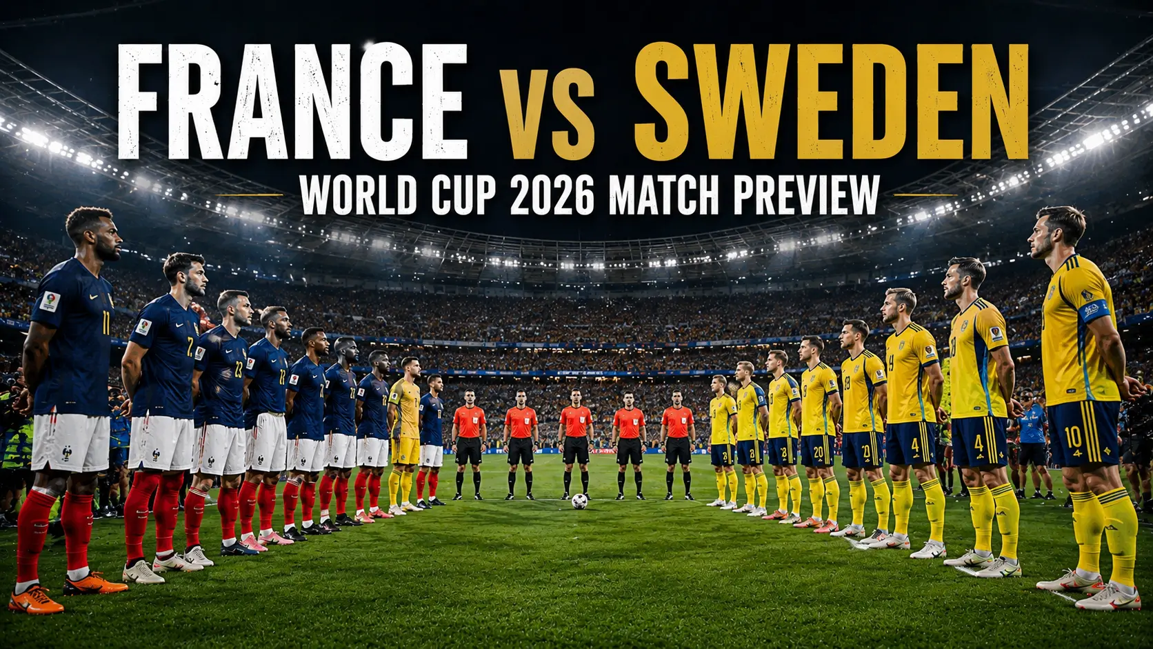 France and Sweden players preparing for FIFA World Cup 2026 knockout match in East Rutherford stadium atmosphere
