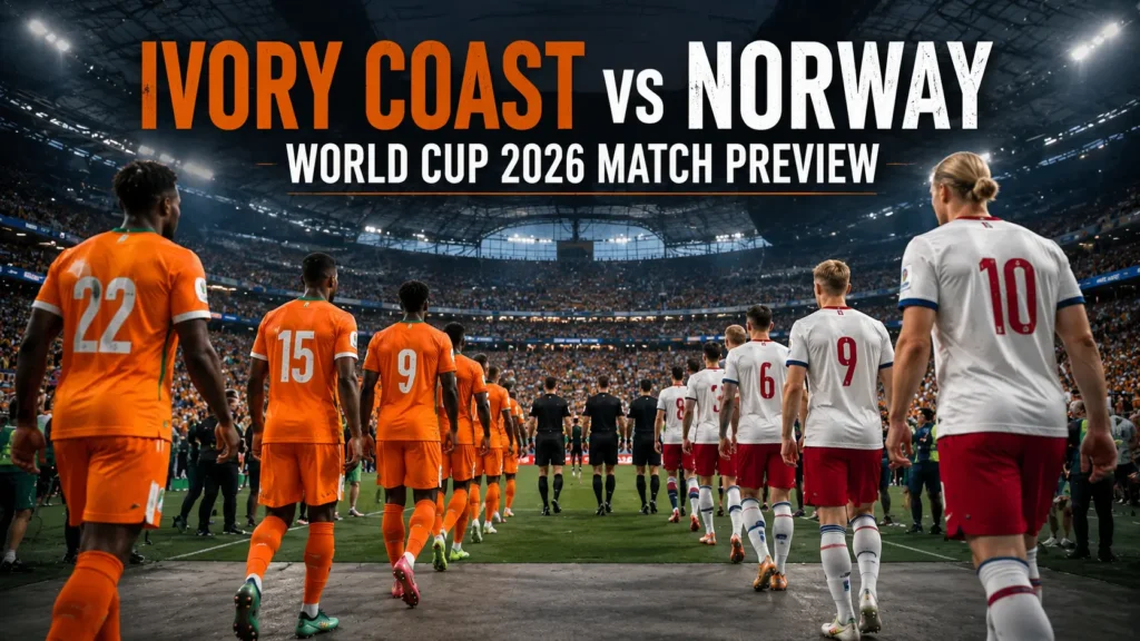 Ivory Coast and Norway teams walking onto pitch before World Cup 2026 Round of 32 match in Dallas stadium atmosphere