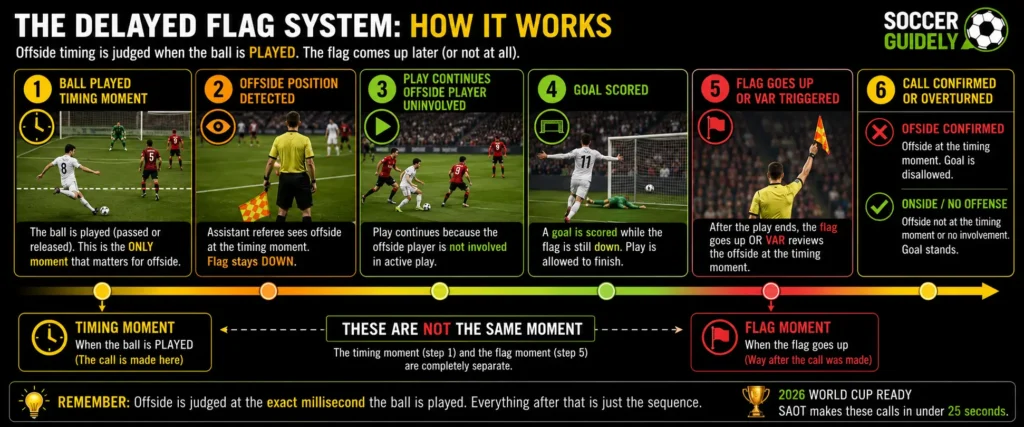 Timeline infographic showing delayed flag system in soccer and when offside timing call is made versus when flag goes up