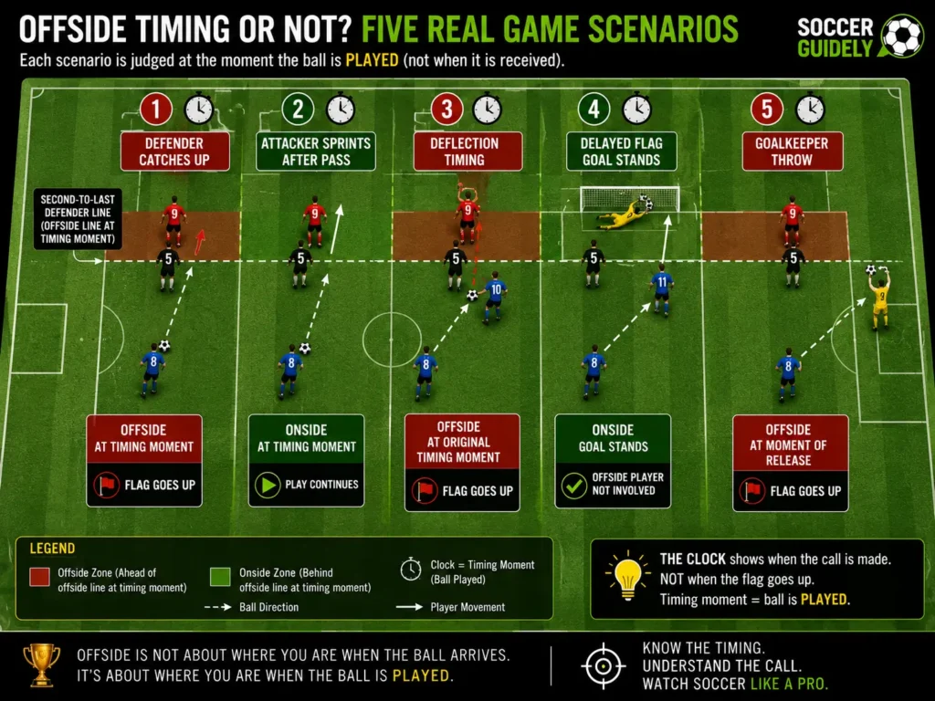 Soccer field diagram showing five offside timing scenarios with onside and offside outcomes at moment ball is played