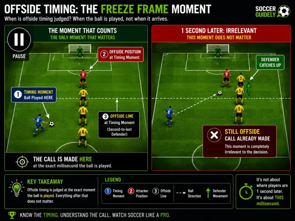 Diagram showing offside timing moment in soccer when ball is played versus when attacker receives it