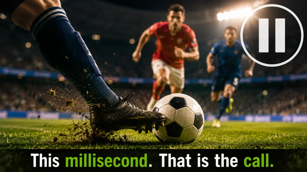 Offside timing in soccer frozen at the moment the ball is played by midfielder