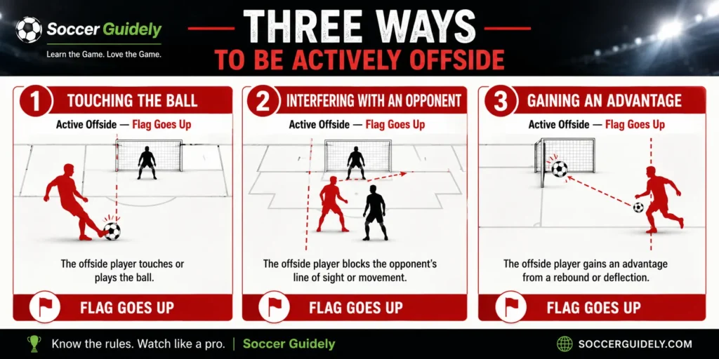 Infographic showing three ways a player can be actively offside in soccer including touching the ball and interfering with an opponent