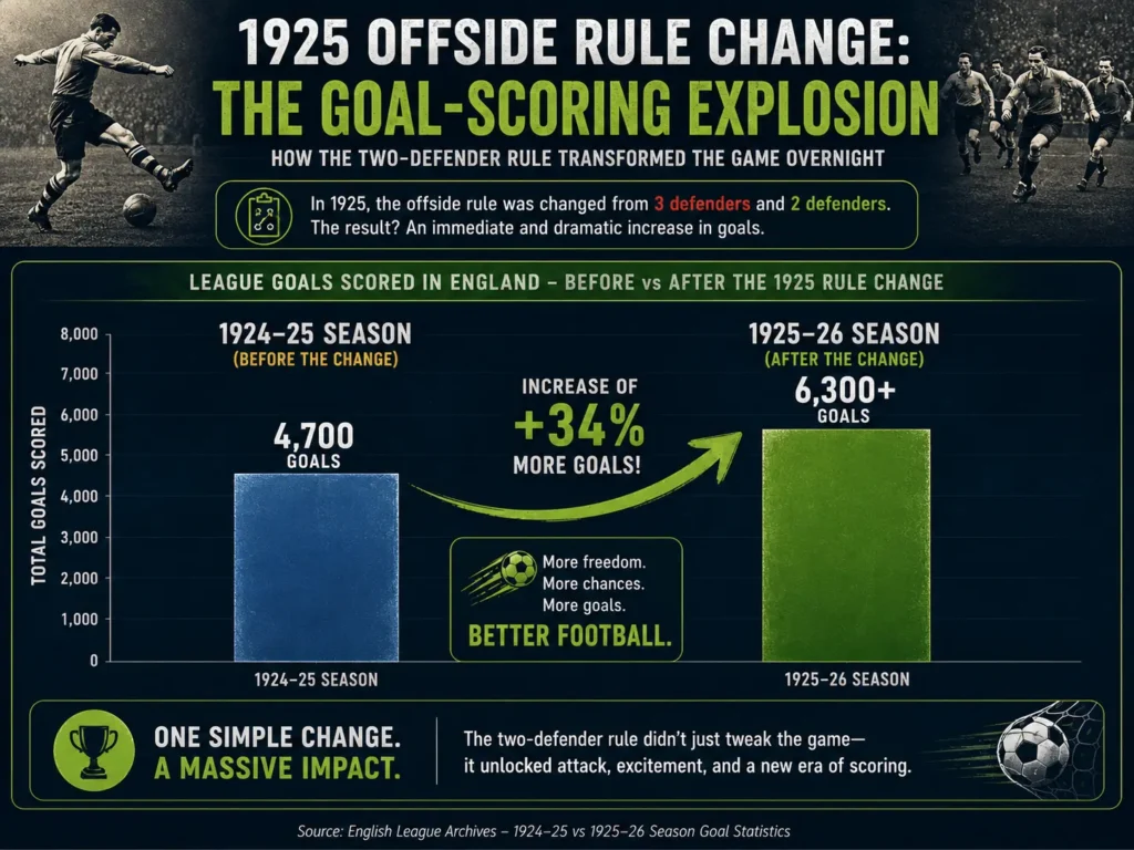 Bar chart showing the sharp increase in soccer goals after the 1925 offside rule change