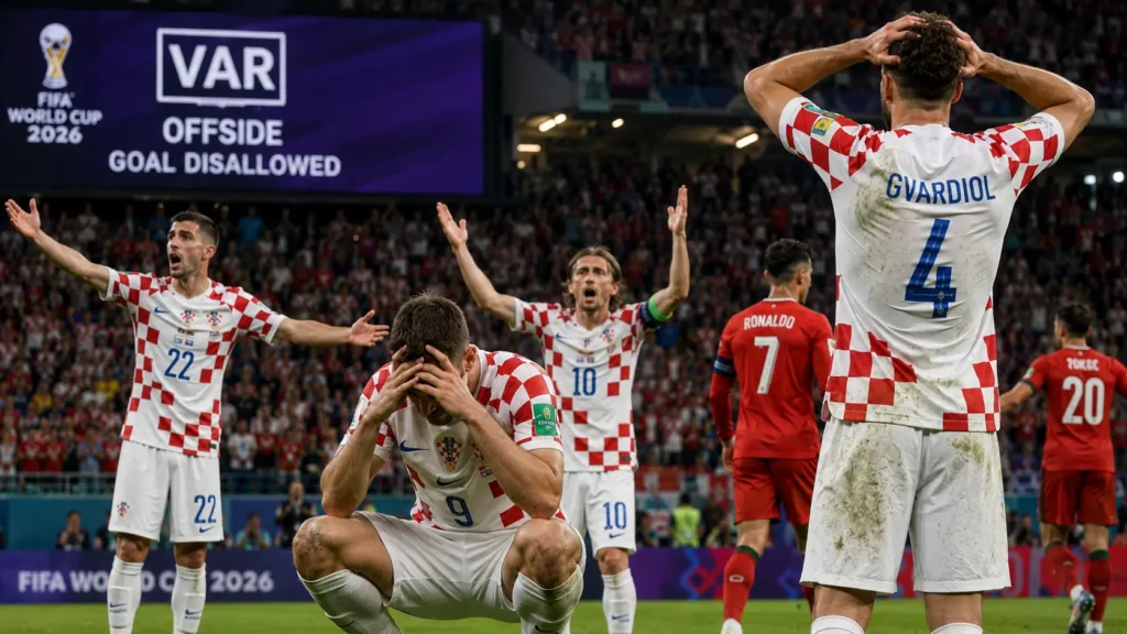 Croatia players reacting after a VAR offside decision disallowed their goal against Portugal at the 2026 World Cup