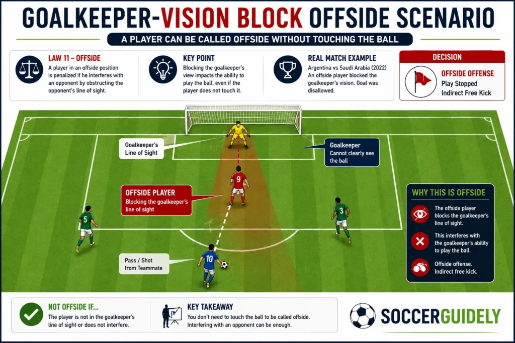 Diagram showing a player blocking the goalkeeper's line of sight in an offside scenario