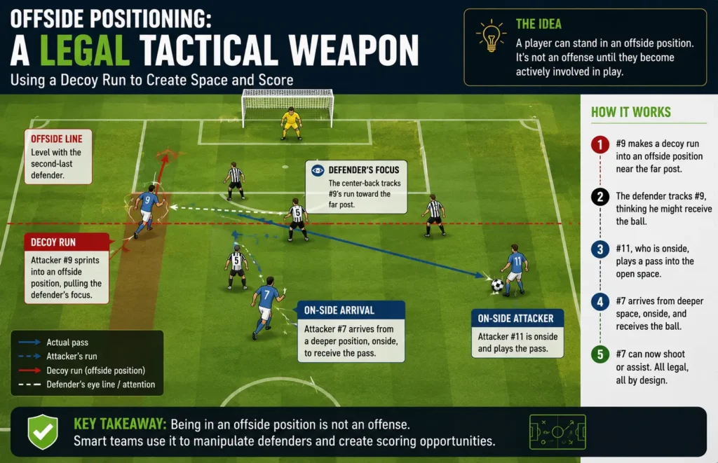 Tactical diagram showing a decoy run using offside positioning as a legal soccer strategy