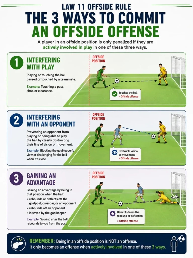 Infographic showing the three ways a player commits an offside offense under Law 11