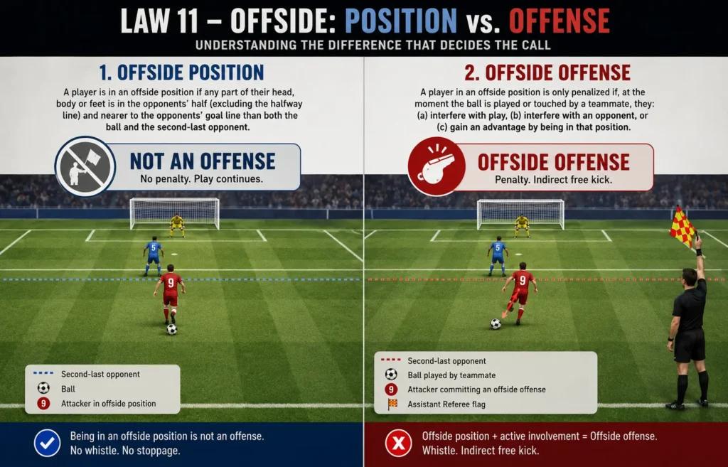 Diagram comparing offside position and offside offense under Law 11