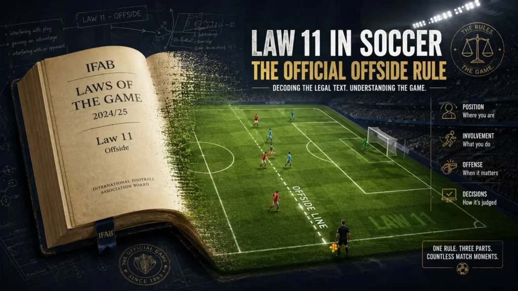 Illustration representing Law 11 in soccer, the official offside rule, decoded for fans