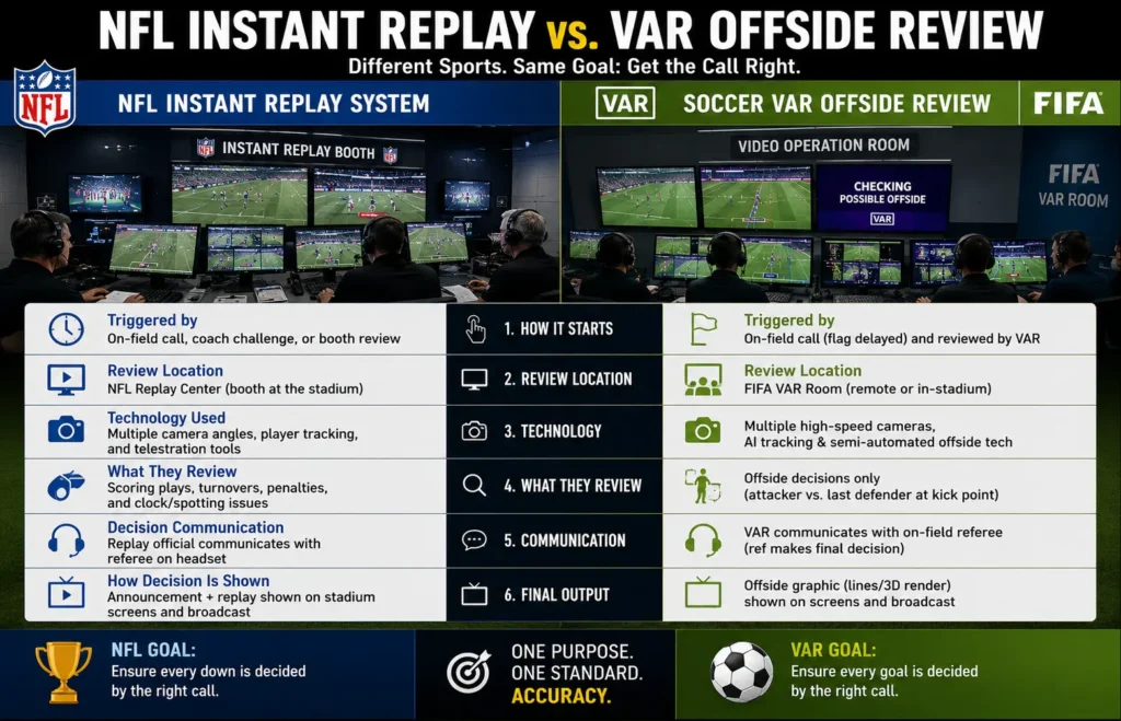 Side by side illustration comparing NFL instant replay review to VAR offside review process