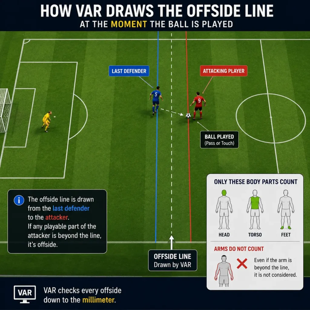 Top-down diagram showing how VAR draws offside lines between an attacking player and the last defender