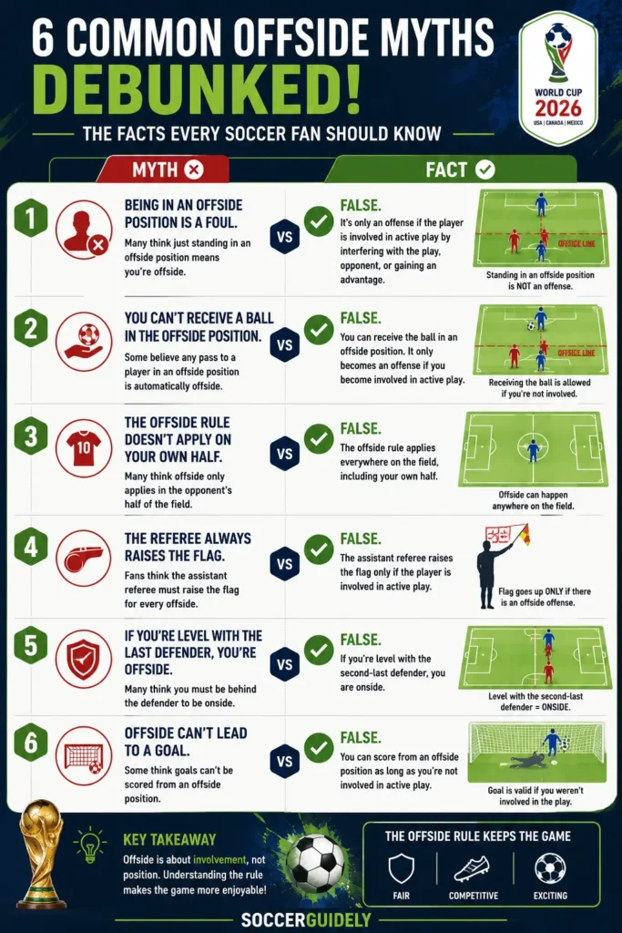 Infographic summarizing common offside myths in soccer debunked ahead of the 2026 World Cup