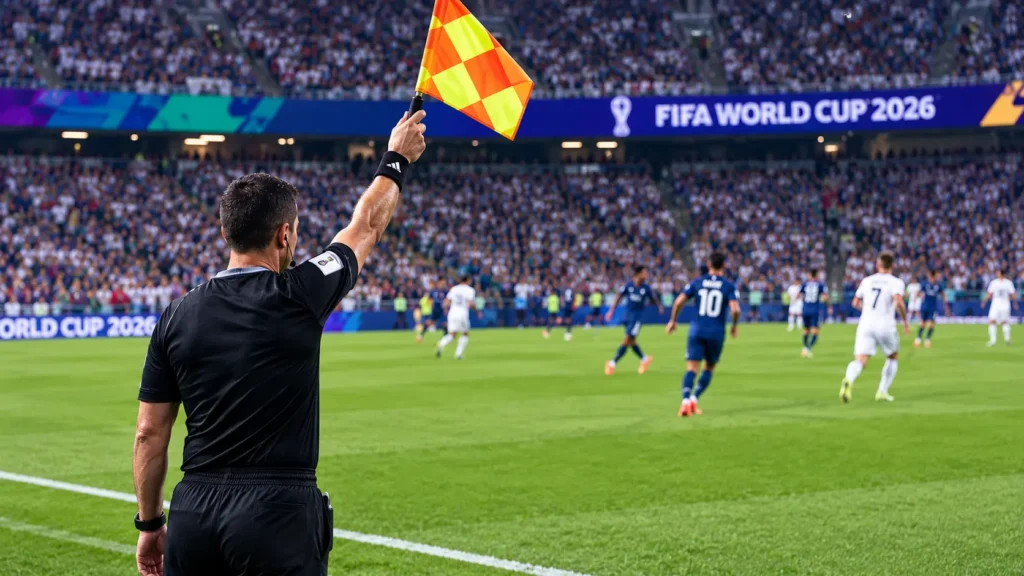 Assistant referee raising the offside flag during a soccer match, illustrating common offside myths