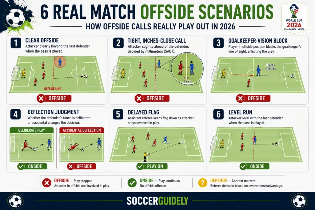 Comparison diagram of six real match offside scenarios in soccer and their call results