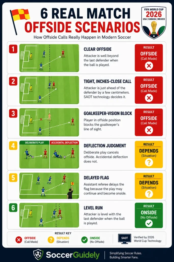 Infographic summarizing 6 real match offside scenarios in soccer ahead of the 2026 World Cup