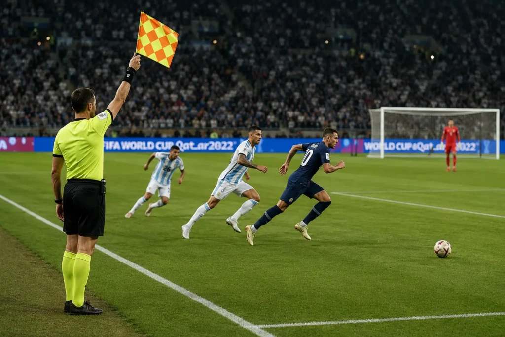 Assistant referee raising the flag during a real match offside scenario in soccer