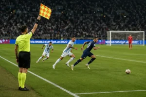 Assistant referee raising the flag during a real match offside scenario in soccer