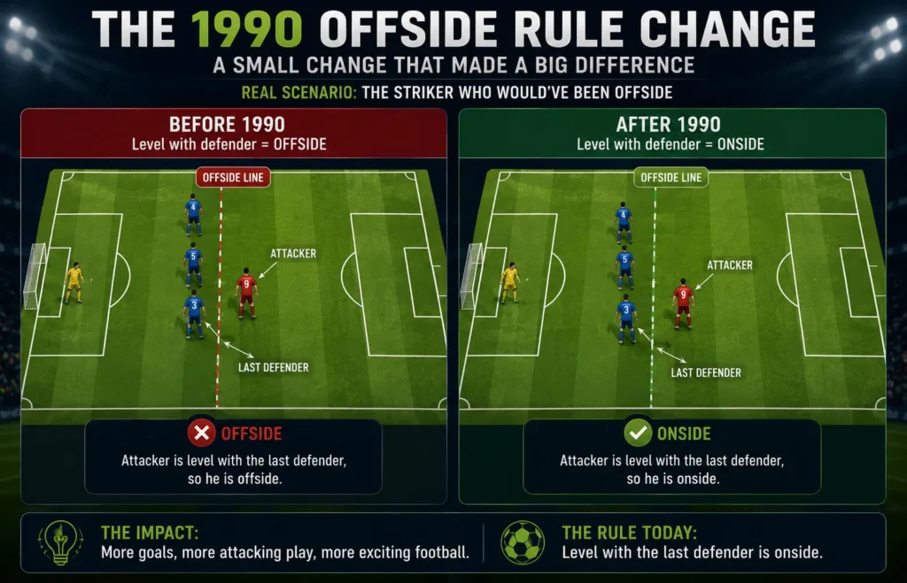 Diagram comparing an attacker level with the defender before and after the 1990 soccer offside rule change