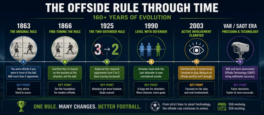 Timeline diagram showing major soccer offside rule changes from 1863 to the VAR era